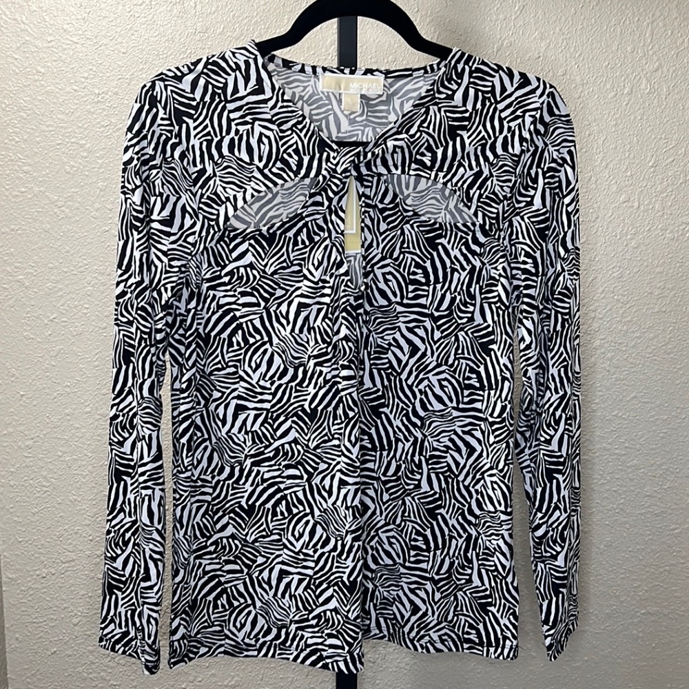 Michael Michael Kors Womens Printed Twist Keyhole stretchy top LG & SM BLK/WHT - Picture 4 of 9
